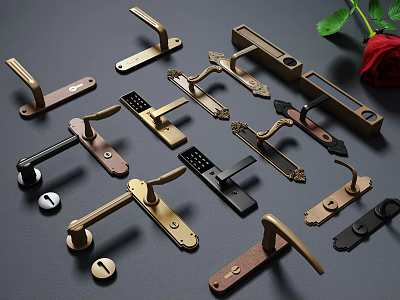 Various Styles Of Door Handles In Brass Black And Wooden Materials With Rose Accent 3d model