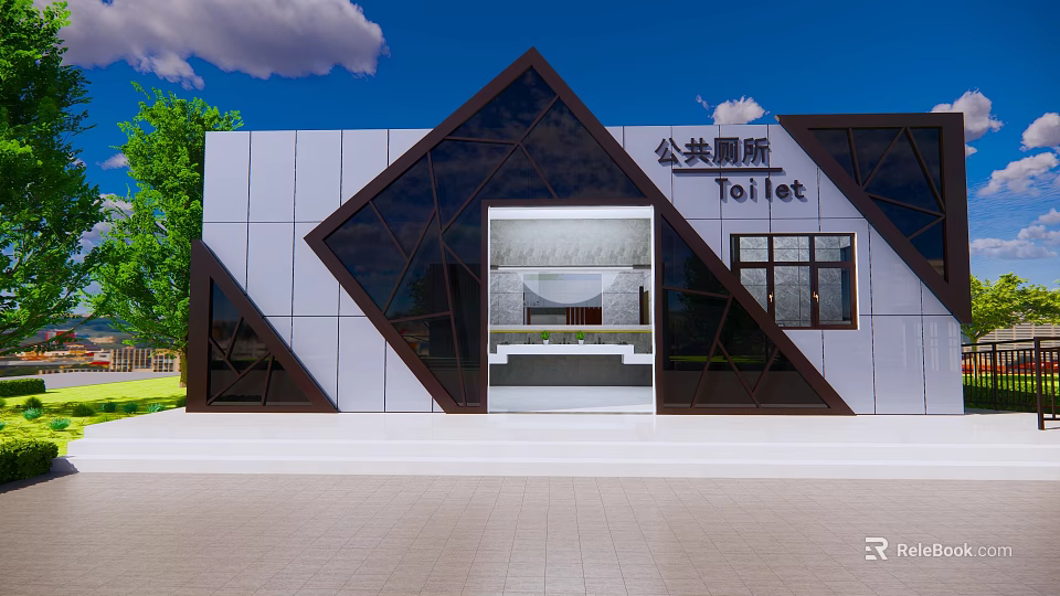 Modern Public Toilet Building With Geometric Design Glass Facade And Green Trees 3d model 