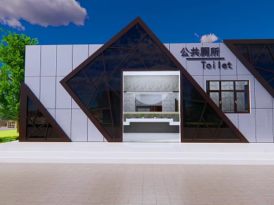 Modern Public Toilet Building With Geometric Design Glass Facade And Green Trees 3d model