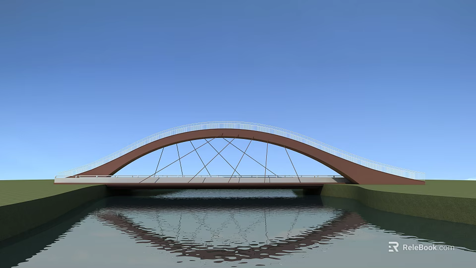 Modern Arch Bridge With Metal Frame Structure Over Water And Blue Sky Reflection 3d model 