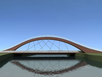 Modern Arch Bridge With Metal Frame Structure Over Water And Blue Sky Reflection 3d model