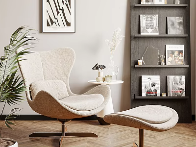 Modern Upholstered Accent Chair With Ottoman Side Table And Potted Plant In Living Interior 3d model