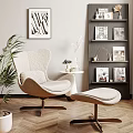 Modern Upholstered Accent Chair With Ottoman Side Table And Potted Plant In Living Interior