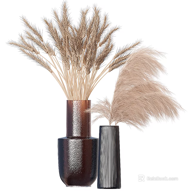 Glossy Brown and Striped Black Decorative Vases with Wheat Stalks and Pampas Grass 3d model 