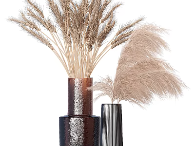 Glossy Brown and Striped Black Decorative Vases with Wheat Stalks and Pampas Grass 3d model