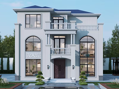 Classic Two Story Detached Villa With Blue Roof White Exterior Balcony And Large Windows 3d model
