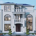 Classic Two Story Detached Villa With Blue Roof White Exterior Balcony And Large Windows