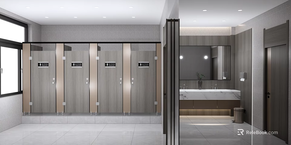 Public Restroom Modern Interior Design With Clean Stalls Washbasins And Mirrors 3d model 
