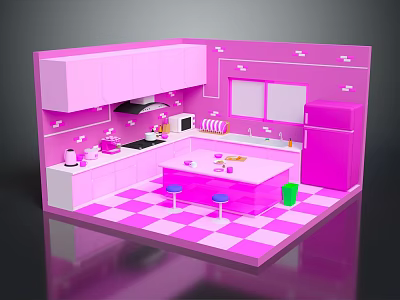 Cartoon Kitchen Scene With Pink Cabinets Fridge Island Counter Stools And Checkered Floor 3d model