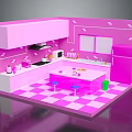 Cartoon Kitchen Scene With Pink Cabinets Fridge Island Counter Stools And Checkered Floor