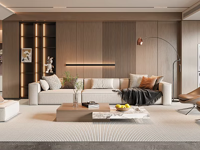 Modern Living Room Interior With Beige Sofa Throw Pillows Wooden Accent Wall And Coffee Table 3d model