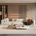 Modern Living Room Interior With Beige Sofa Throw Pillows Wooden Accent Wall And Coffee Table