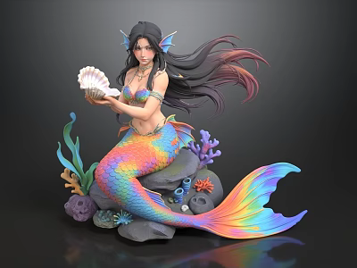 Colorful Mermaid Statue With Shell Coral Seaweed And Stone Base Decorative Figurine 3d model