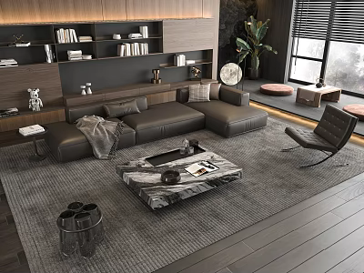 Modern Living Room With L-Shaped Dark Brown Sofa And Marble Coffee Table Set 3d model