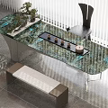Modern Tea Table With Green Texture Top Black Chair Bench Bonsai And Tea Set
