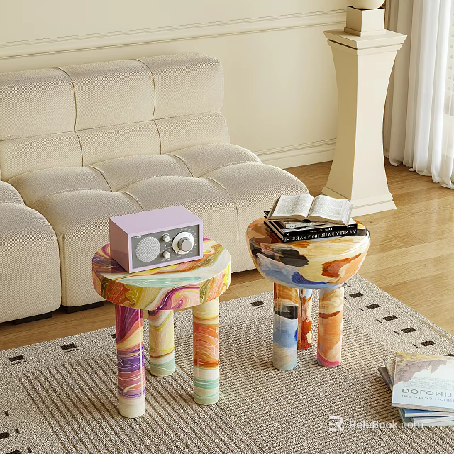 Artistic Colorful Side Tables With Radio Books And Sofa In Living Room 3d model 