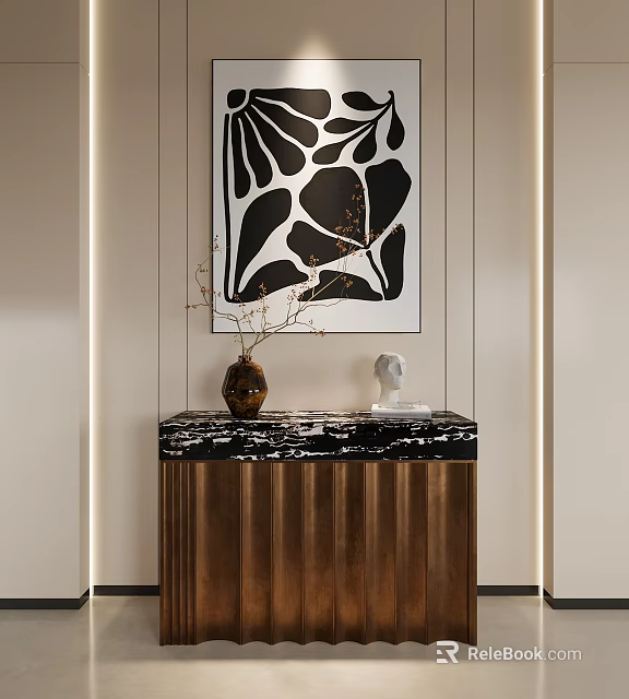 Modern Entryway Console Table With Marble Top Wooden Cabinet Decorative Vase And Sculpture 3d model 