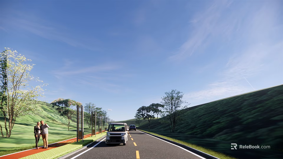 Scenic Road Facilities With Vehicles Pedestrians Trees Green Slopes And Street Lights 3d model 