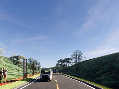 Scenic Road Facilities With Vehicles Pedestrians Trees Green Slopes And Street Lights 3d model
