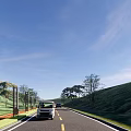 Scenic Road Facilities With Vehicles Pedestrians Trees Green Slopes And Street Lights
