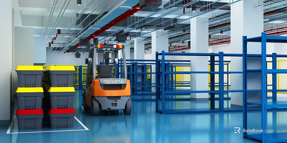 Spacious Modern Industrial Warehouse Equipped With Forklift Metal Storage Racks And Stacked Cargo Containers 3d model 