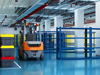 Spacious Modern Industrial Warehouse Equipped With Forklift Metal Storage Racks And Stacked Cargo Containers 3d model