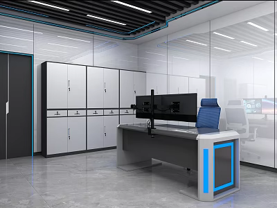 Modern Control Room Interior With Lockers Computer Monitors Office Chair And Glass Walls 3d model