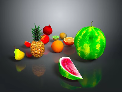 Fresh Assorted Fruits Display With Pineapple Pomegranate Pear Orange And Watermelon 3d model