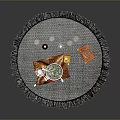 Tasty Assorted Food Platter On Round Table With Fringed Tablecloth Drinks And Condiments