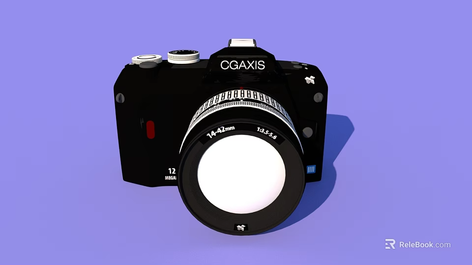 CGAxis Black Digital Camera with Lens and Control Knobs on Purple Background 3d model 