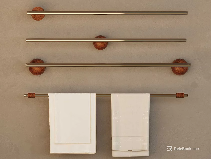 Bathroom Accessories Multiple Metal Towel Bars with Wooden Ends Holding White Towels 3d model 