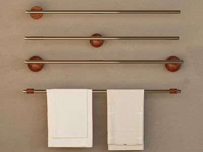 Bathroom Accessories Multiple Metal Towel Bars with Wooden Ends Holding White Towels 3d model