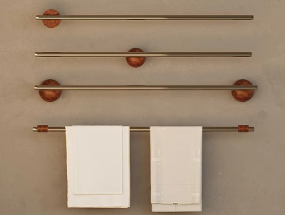 Bathroom Accessories Multiple Metal Towel Bars with Wooden Ends Holding White Towels 3d model