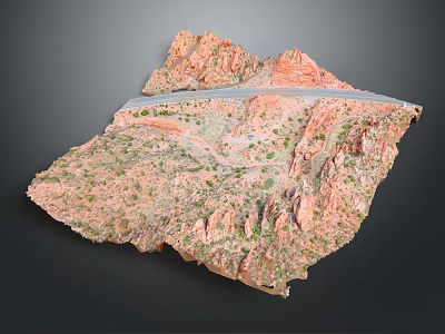 Detailed Terrain Model Featuring Red Rocky Mountains Green Vegetation and Winding Path 3d model