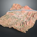 Detailed Terrain Model Featuring Red Rocky Mountains Green Vegetation and Winding Path