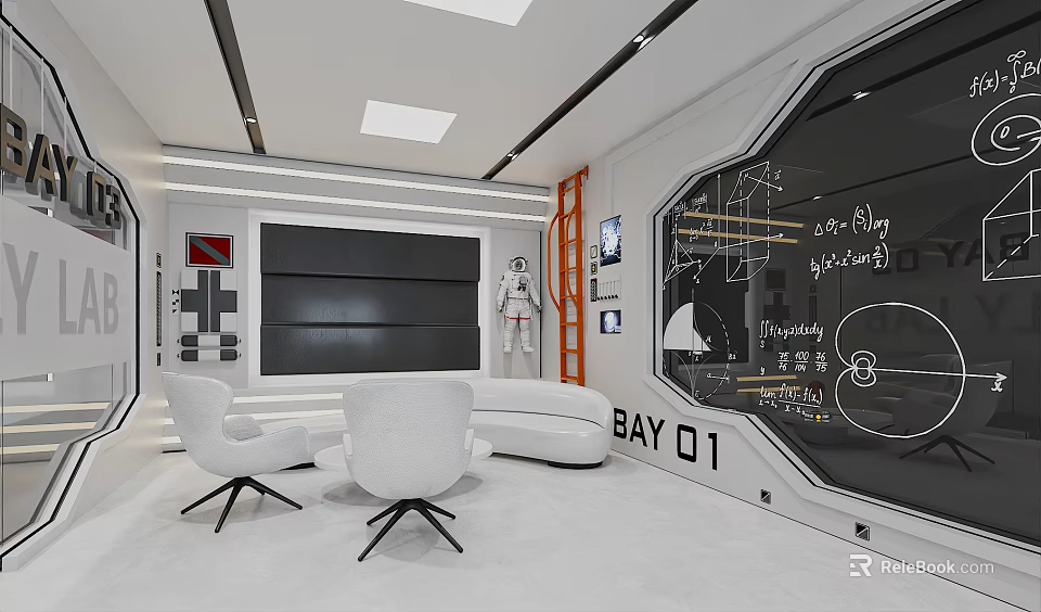 Modern Conference Room Interior Design With White Sofa Chairs Large Screen And BAY 01 Signage 3d model 
