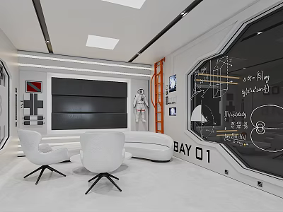 Modern Conference Room Interior Design With White Sofa Chairs Large Screen And BAY 01 Signage 3d model