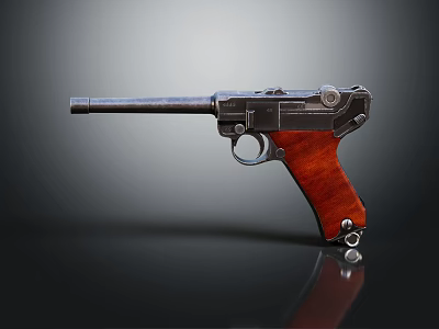 Vintage Pistol With Black Metal Body Wooden Grip And Silver Components On Reflective Surface 3d model