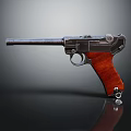 Vintage Pistol With Black Metal Body Wooden Grip And Silver Components On Reflective Surface