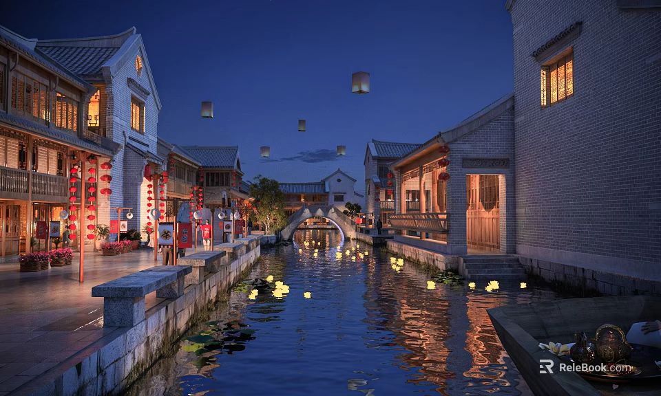 Ancient Architecture Night View With Waterway Floating Lanterns And Lit Buildings Reflections 3d model 