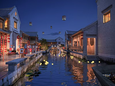 Ancient Architecture Night View With Waterway Floating Lanterns And Lit Buildings Reflections 3d model