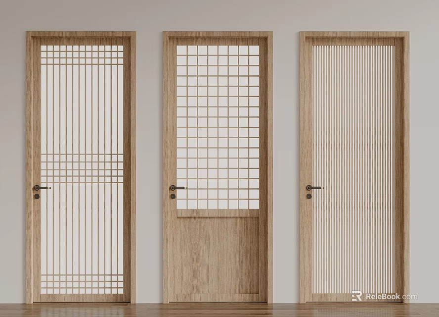Three Wooden Hinged Doors with Different Grid Patterns and Vertical Slat Designs 3d model