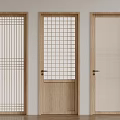 Three Wooden Hinged Doors with Different Grid Patterns and Vertical Slat Designs