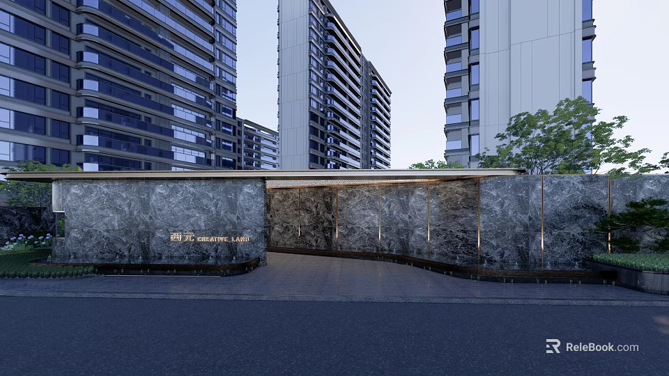Modern Residential Feature Wall With Stone Texture And Zenith Lake Sign In High Rise Community 3d model 