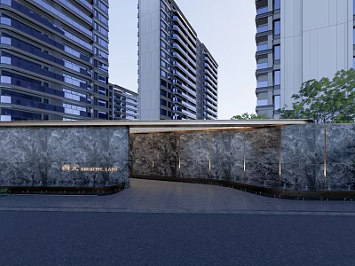 Modern Residential Feature Wall With Stone Texture And Zenith Lake Sign In High Rise Community 3d model