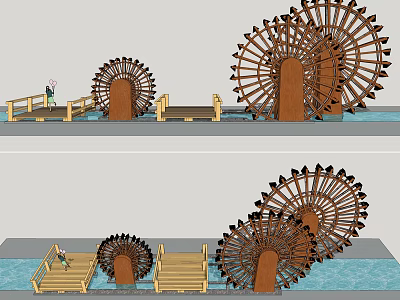 Garden Ornaments With Wooden Waterwheels Bridge And Water Area In Landscape 3d model