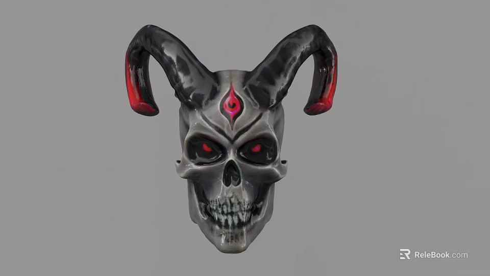 Intricate Skull Sculpture With Black Horns Red Tips Red Eyes And Forehead Symbol 3d model 