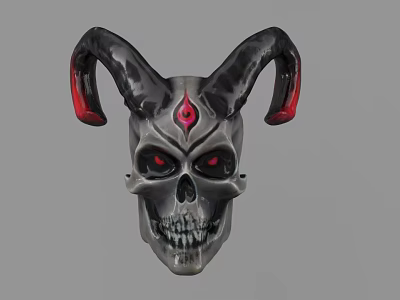 Intricate Skull Sculpture With Black Horns Red Tips Red Eyes And Forehead Symbol 3d model