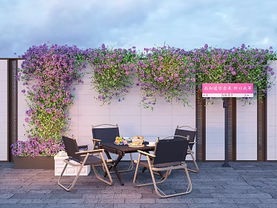 Purple Flower Wall With Climbing Plants In Outdoor Patio Seating Area 3d model