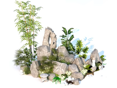 Artistic Rockery Stones Arrangement With Bamboo Green Plants And Decorative Foliage 3d model